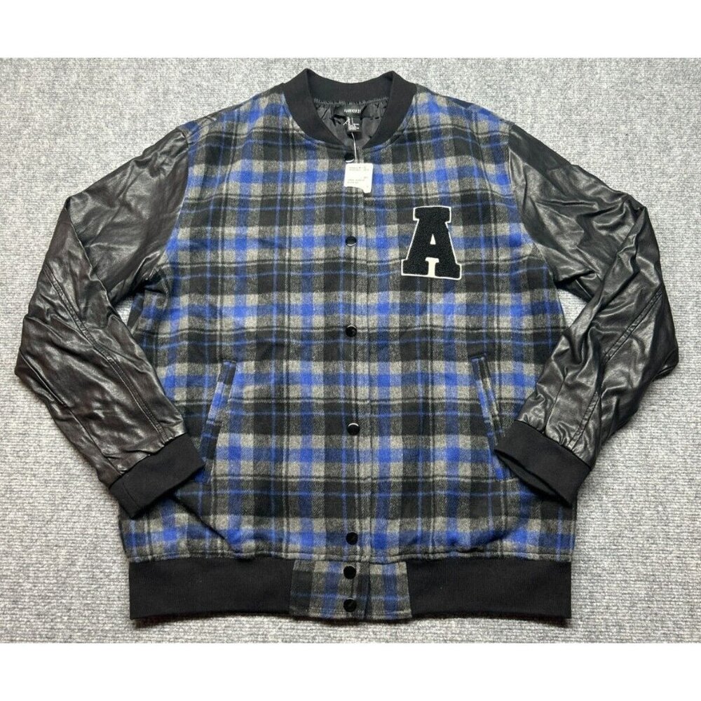 Forever 21 Varsity Jacket Womens Size L Black Blue Plaid Button Long Sleeve New